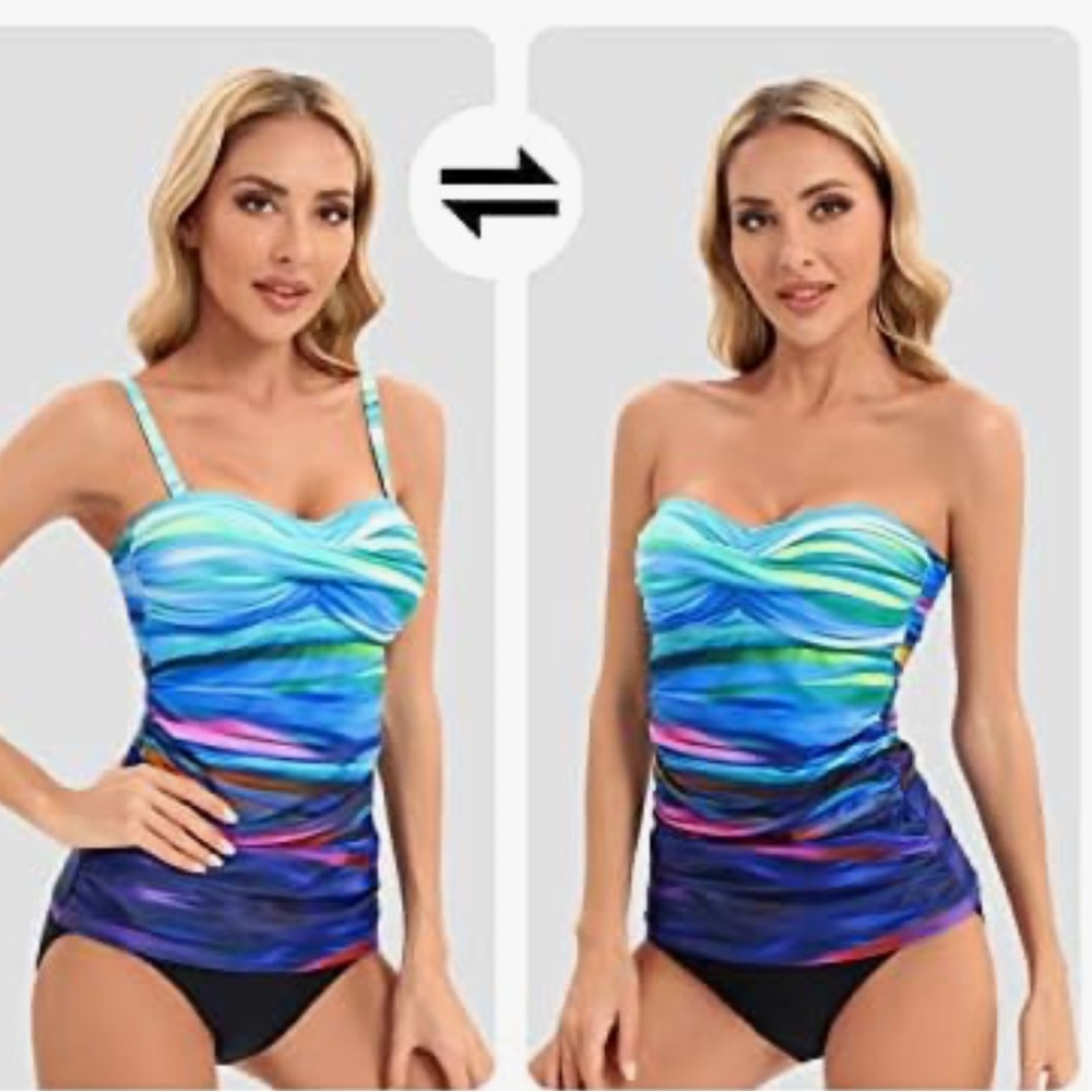 Twist Front Bandeau Tankini ser Ruched Tummy Control Suimsuit Mid Waist Briefs